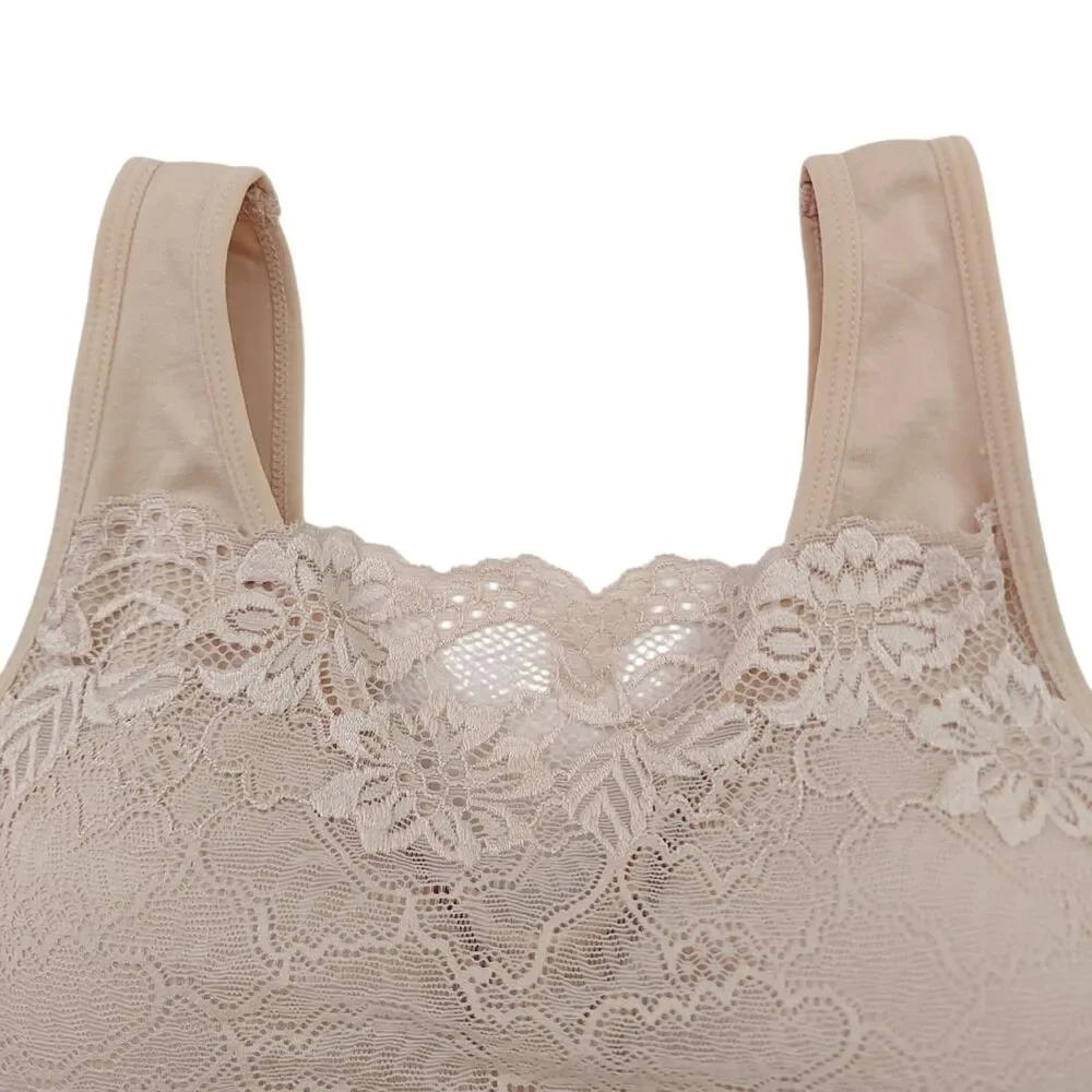 Rhonda Shear Bra Womens Large Nude Lace Overlay Wireless Padded Comfort Soft